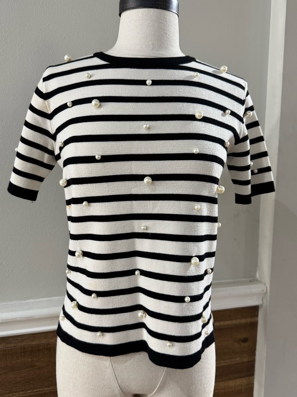Zara Black and White Striped Blouse with Pearls